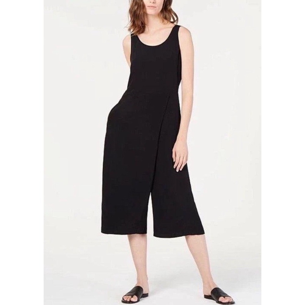 Eileen Fisher Black Viscose Jersey Wrap Front Wide Leg Cropped Jumpsuit Small